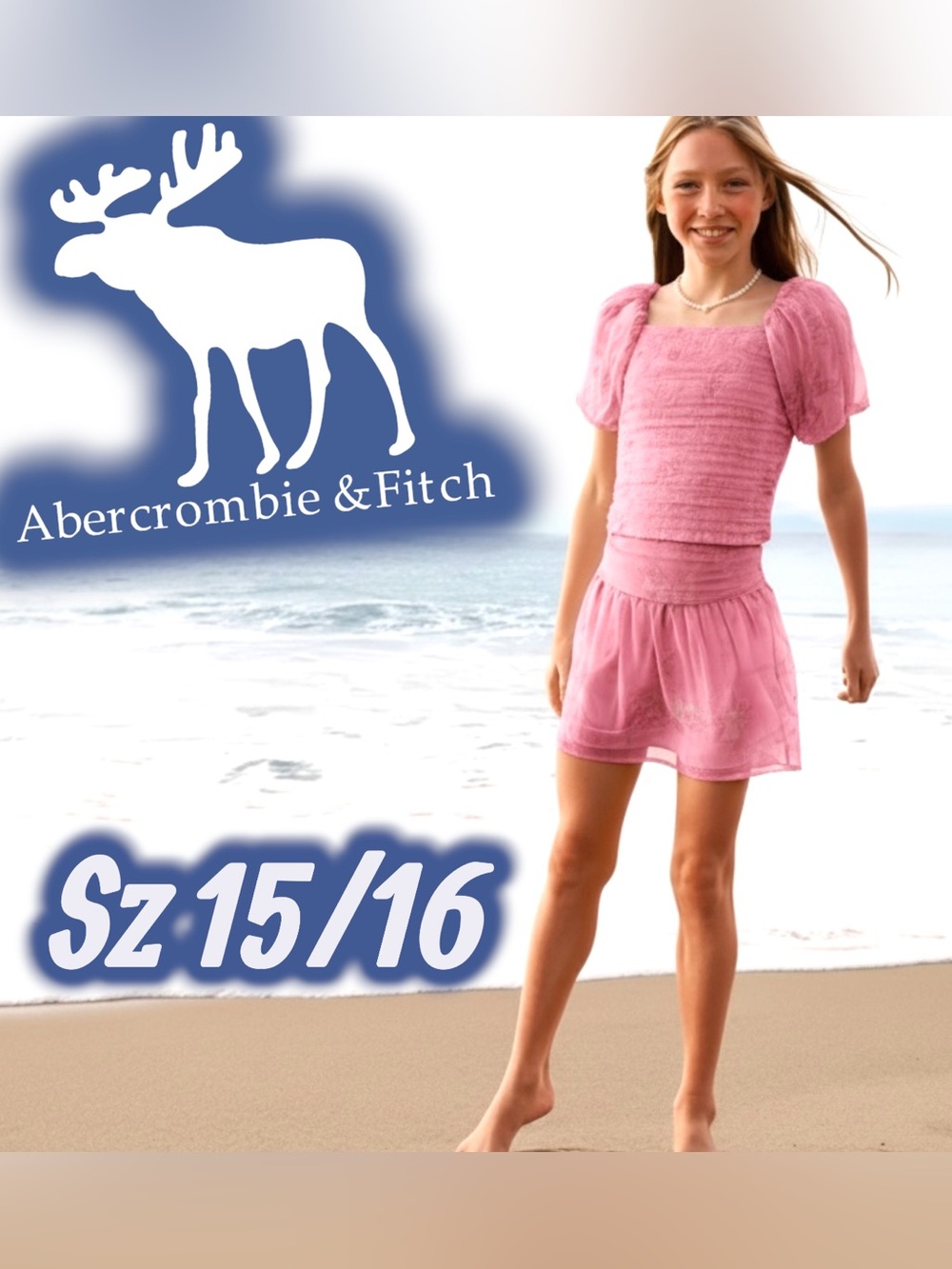 EUC Abercrombie Kids Emerson Organza Puff Sleeve Top & Skort Set Pink 15/16